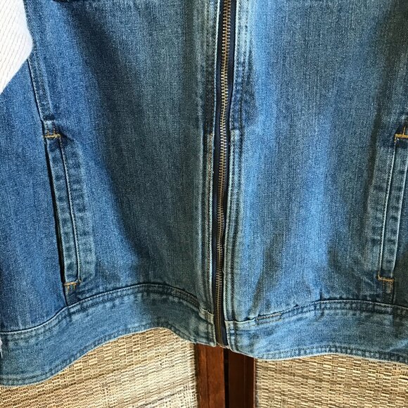 Upcycled Denim Jacket, Size M: Nature Wanderer Patches, Waffle Knit Sleeves - Picture 11 of 12